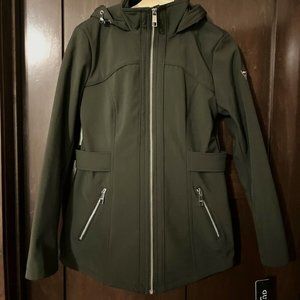 GUESS Women's Belted Softshell Coat with Hood - size small, light black color